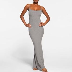 Skims Soft Lounge Long Heather Gray Maxi Ribbed Body Hugging Slip Dress Sz MED